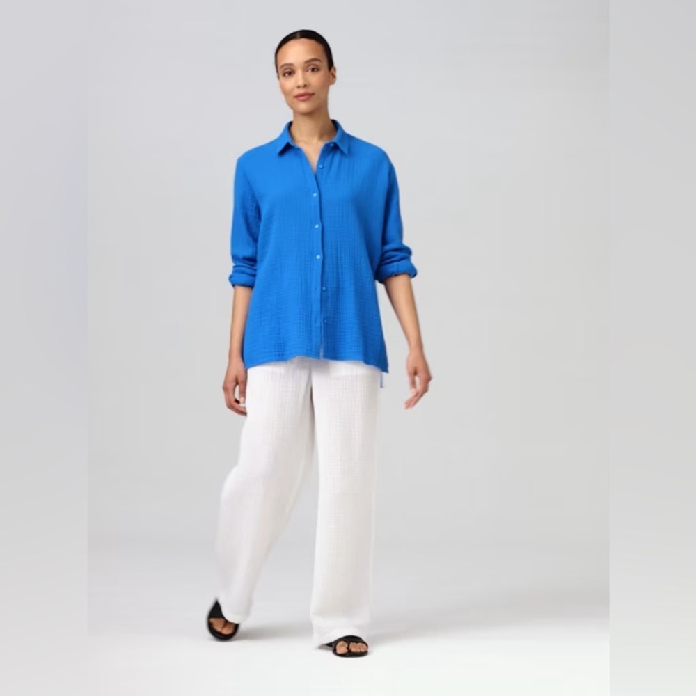 Eileen Fisher 100% Organic Blue Cotton Lofty Gauze Classic Collar Shirt Size M - Picture 2 of 6